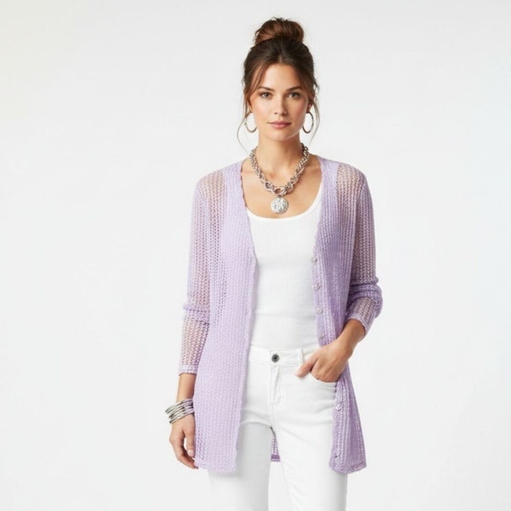 Apostrophe Lavender Sheer Button Front Long Sleeve Cardigan Sweater 1X